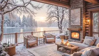 Peaceful Winter Porch  Morning by the Lake ❄️🔥 Soft Piano Music & Cozy Fireplace Ambience for Sleep