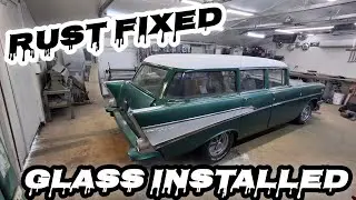1957, Chevy Wagon has her glass again. Rust Deleted, Drip rails Deleted,  Custom Metal Fabrication 