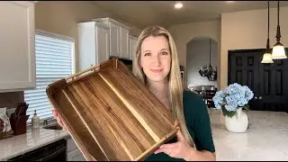 Acacia Wood Serving Tray with Metal Handles, 17x13in Tray for Coffee Table, Breakfast, Dinner & Bar