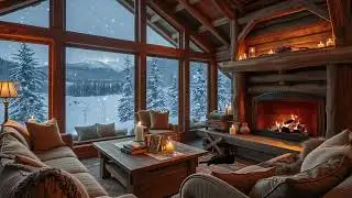 Snowy Alpine Ambience &ndash; Mountain Chalet LivingRoom With Fireplace | Crackling Firewood + Soft Piano.