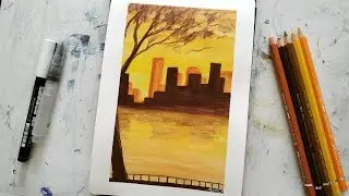 Landscape watercolor pencils tutorial for beginners