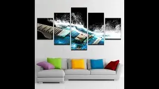 5 Pieces Abstract Blue Guitar Canvas Wall Art Pictures Home Decor Living Room Wall Decor With Frame