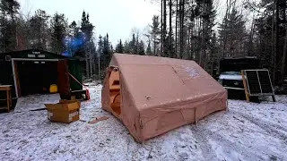 Off Grid Living in a Hot Tent During Winter with Snow and Rain