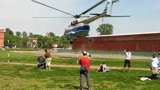 Russian helicopter MI-8 takes off on city sightseeng tour in Saint Petersburg, Russia