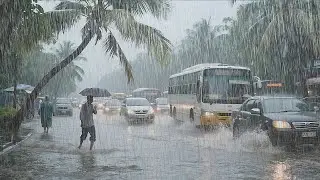Heavy Rain & Thunderstorms Flood Busy City Streets in Indonesia | Walking in Heavy Rain | Rain Sound