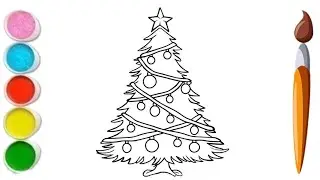 Drawing & learning and painting a pine tree for Kids| Draw Pine tree for Christmas🎄🌲🐦&zwj;🔥
