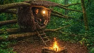 BUILD A SHELTER ON A FALLEN TREE IN THE FOREST FOR CAMPING