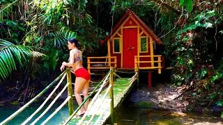 The girl builds a shelter and traps chickens in the rainforest to survive.
