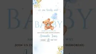 We Can Bearly Wait Boho Teddy Bear Baby Shower Invitation, Blue Pampas Grass Bear Baby Shower