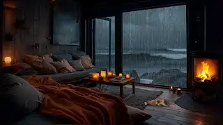 Rain & Big Ocean Waves for Relaxing🌧️ Crackling Fire, Heavy Rain & Thunder to Reduce Stress, Sleep