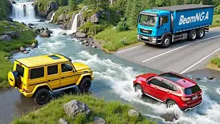 Cars vs Fast Flowing River Challenge - Cars vs Pothole - BeamNG Drive
