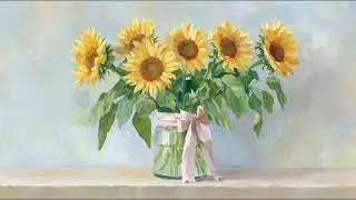 Sunflowers with Pink Ribbon Still Life 🌻 Classic Floral Painting TV Art 4K Wallpaper