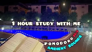 1Hour Study With Me by the Pool | Pomodoro 25/5 | Water Sounds, Crickets, and Moonlight