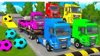 Triple Flatbed Trailer McQueenTransportation with Truck - Speedbumps vsCars vs Train - BeamNG #5