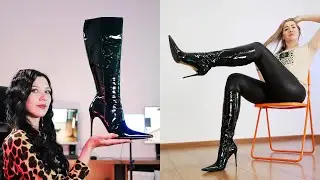 Men's size high heels!!! Rocking Shiny Pointy Knee Boots? See What Lesya Does NEXT!