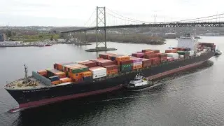 Awesome Aerial 4K View! Container Ship NYK DAEDALUS Arrival into Halifax, NS - Under MacKay Bridge