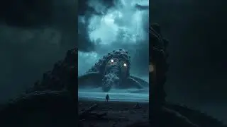 A gigantic ancient sea creature stranded on a storm-ravaged beach