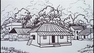 How to Draw a Beautiful Village House with Trees. How to Draw a Village View with Huts and Trees.