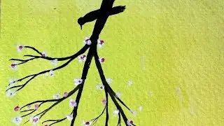 tiny bird sitting peacefully on a tree branch painting on cute canvas//acrylic painting tutorial 