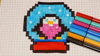 DIY Handmade Drawing Pixel Art | How to draw a cute Penguin Snowglobe | Draw with me