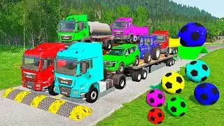Flatbed Trailer McQueen Transportation with Truck - Speedbumps vs Cars vs Train - BeamNG.Drive #8