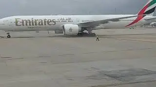 Emirates Boeing 777 pushback. the most fuel efficient airliner in the world.