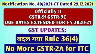 New GST Notification: 40/2021: Rule 36(4) Changes| No more GSTR-2A| GSTR9 / GSTR 9C Dates Extended