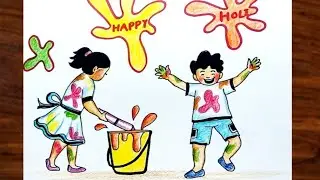Happy Holi Drawing | Easy Drawing of Children Playing Holi | Holi Festival Drawing