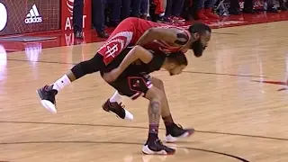 James Harden lays on top of Michael Carter Williams | Bulls vs Rockets | Feb 3, 2017