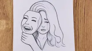 How to draw so easy a sad girl with 🎭C&oacute;mo dibujar una chica con una m&aacute;scara en la cara