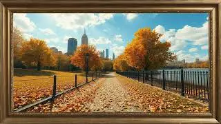 Autumn in the City Park. Gold framed Vintage Landscape art screensaver. 4k TV Painting background.