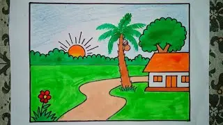শীতের সকালের গ্রামের দৃশ্য আঁকা | Winter Morning Village Scenery Drawing | Nature Art Tutorial