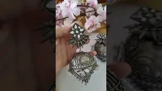 Long Mirror jhumka with pearl oxidized earrings with floral designs,indian silver look alike #jhumka