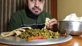 VEG MUKBANG :BINS ALOO KI SABJI WITH ROTI RICE DAL & ACHAR | SIMPLE INDIAN HOME FOOD VLOG