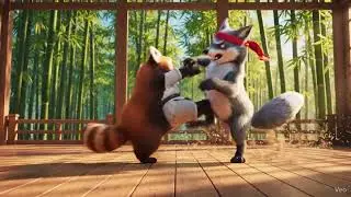 Panda and fox fighting