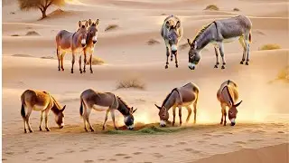 Donkeys&rsquo; Breakfast Time &ndash; Peaceful Morning Grazing || Desert Beauty