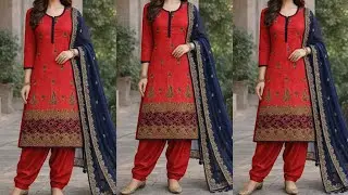 Latest Airline Frock Design | Red & Navy Blue Embroidered Suit | Stylish Kurti with Dupatta