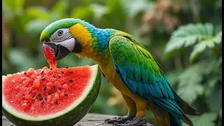 🦜 Colorful Parrot Eating Juicy Watermelon | Relaxing Tropical Nature Sounds for Calm & Focus
