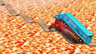 Mack truck vs Dinoco vs Impossible Log Wave Bridge Truck Car Rescue -Cars vs Deep Lava -BeamNG.drive