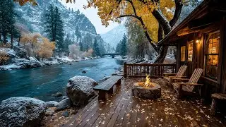 Forest River Porch Retreat | Autumn Winter Snowfall firepit & Nature Sounds