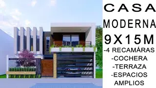 Plano de casa 9x15 metros con 4 Recamarás | 9x15 House Design with 4 bedrooms