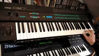 Keyboard+mixer setup (DX7, D-50, SY77, K1, Unitra Eltra Rytm 16)