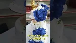 Navy Blue Flowers White Wedding Cake 3-Tiered Pillars