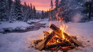Cozy Campfire by a Mountain Stream | Winter Forest Ambience with Fire Sounds