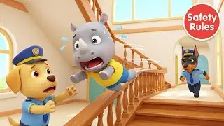 Staircase Danger! 🛑 Little Rhino's Banister Slide Fall | Sheriff Labrador Police Cartoon