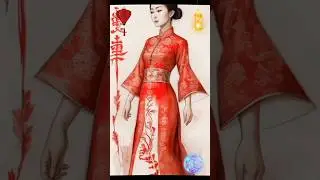 (((handmade drawing in red ink only))), a beautiful Asian woman wearing traditional clothing,