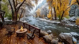 Autumn-Winter Serenity | River Cabin Porch Snowfall Firepit and Forest Birds Songs