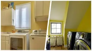75 Medium Tone Wood Floor Laundry Room With Yellow Walls Design Ideas You'll Love 🔴