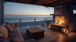 Beachside Fireplace with Relaxing Music & Ocean Waves | Cozy Terrace Ambience for Sleep & Study