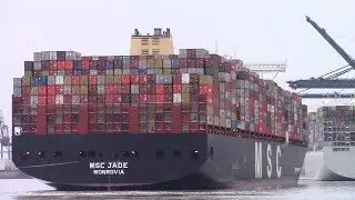 Heavily Laden Mega Container Ship MSC JADE inbound into Felixstowe, England - 2 Tugs